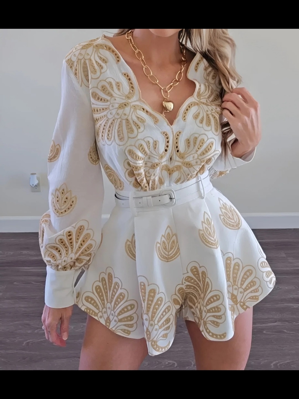 White & Gold Embroidered Long Sleeve Romper